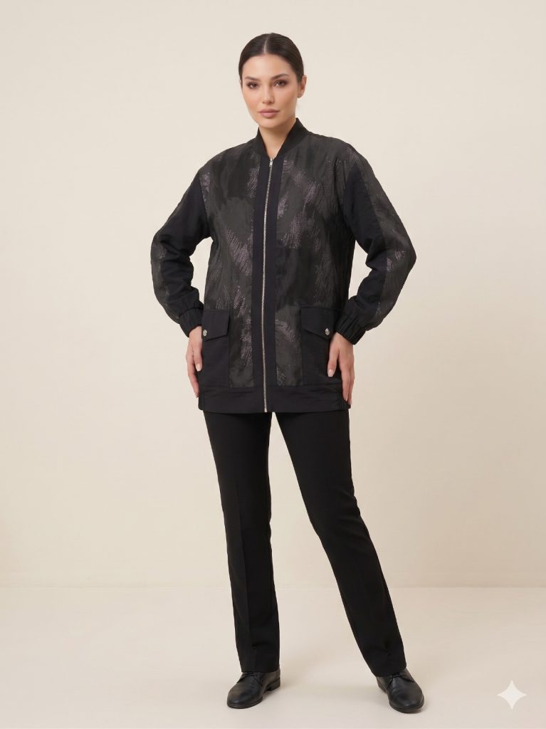 MY312 Desenli Beli Lastikli Ceket 7737 - Siyah