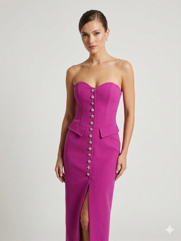 CENTİLMEN Straplez Taş Düğme Detaylı Elbise 2309