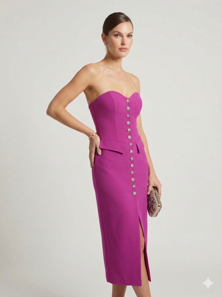 CENTİLMEN Straplez Taş Düğme Detaylı Elbise 2309