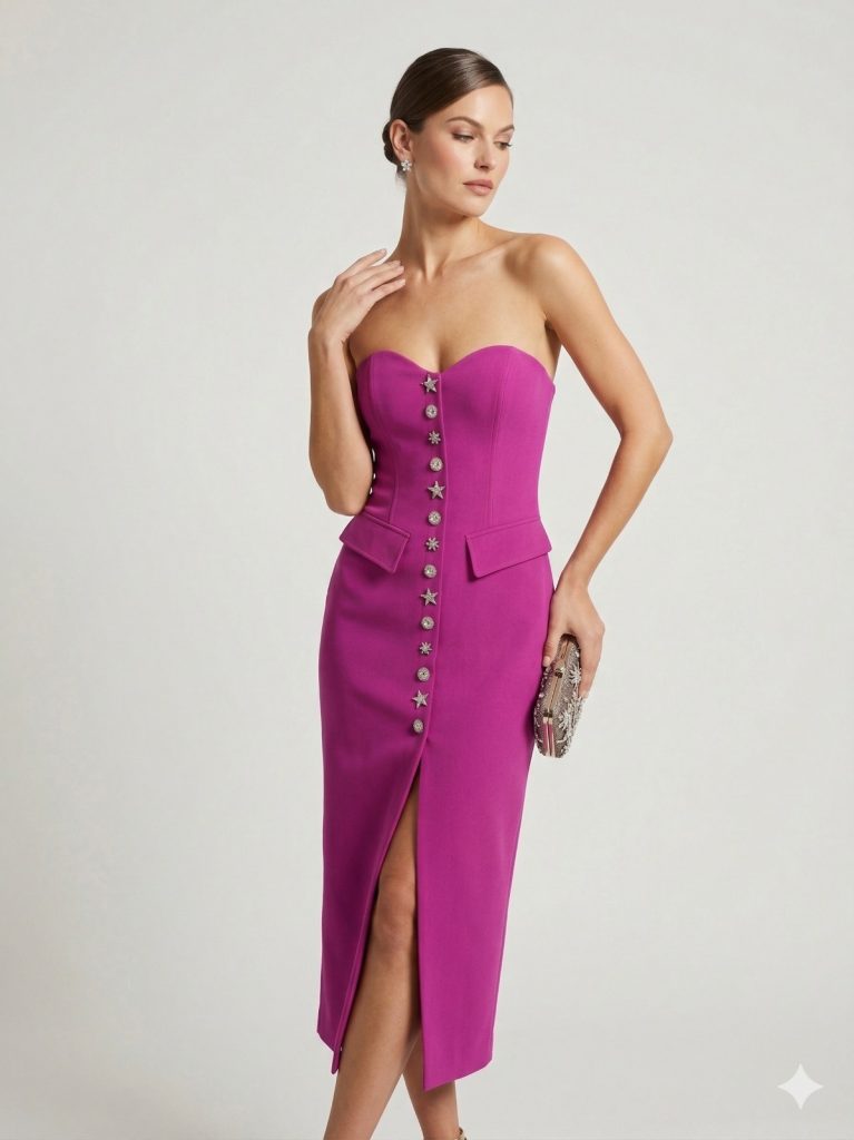 CENTİLMEN Straplez Taş Düğme Detaylı Elbise 2309