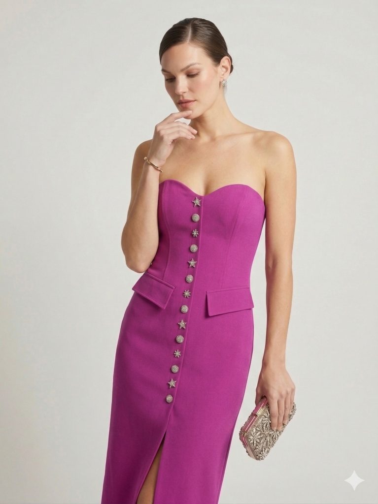 CENTİLMEN Straplez Taş Düğme Detaylı Elbise 2309 - fusya