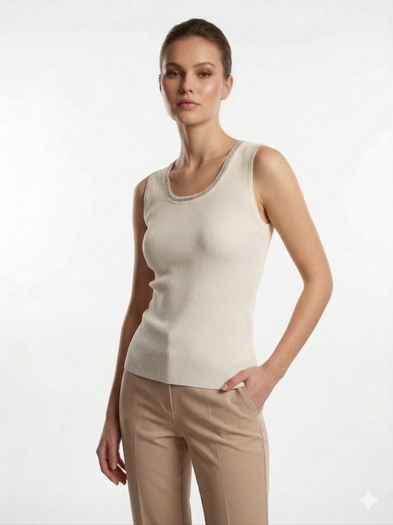 ON TRİKO Yakası Taş İşlemeli Sıfır Kol Bluz 70338 - EKRU