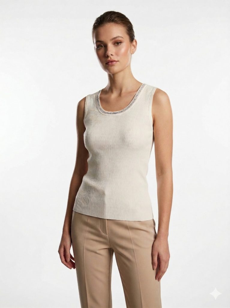 ON TRİKO Yakası Taş İşlemeli Sıfır Kol Bluz 70338 - EKRU