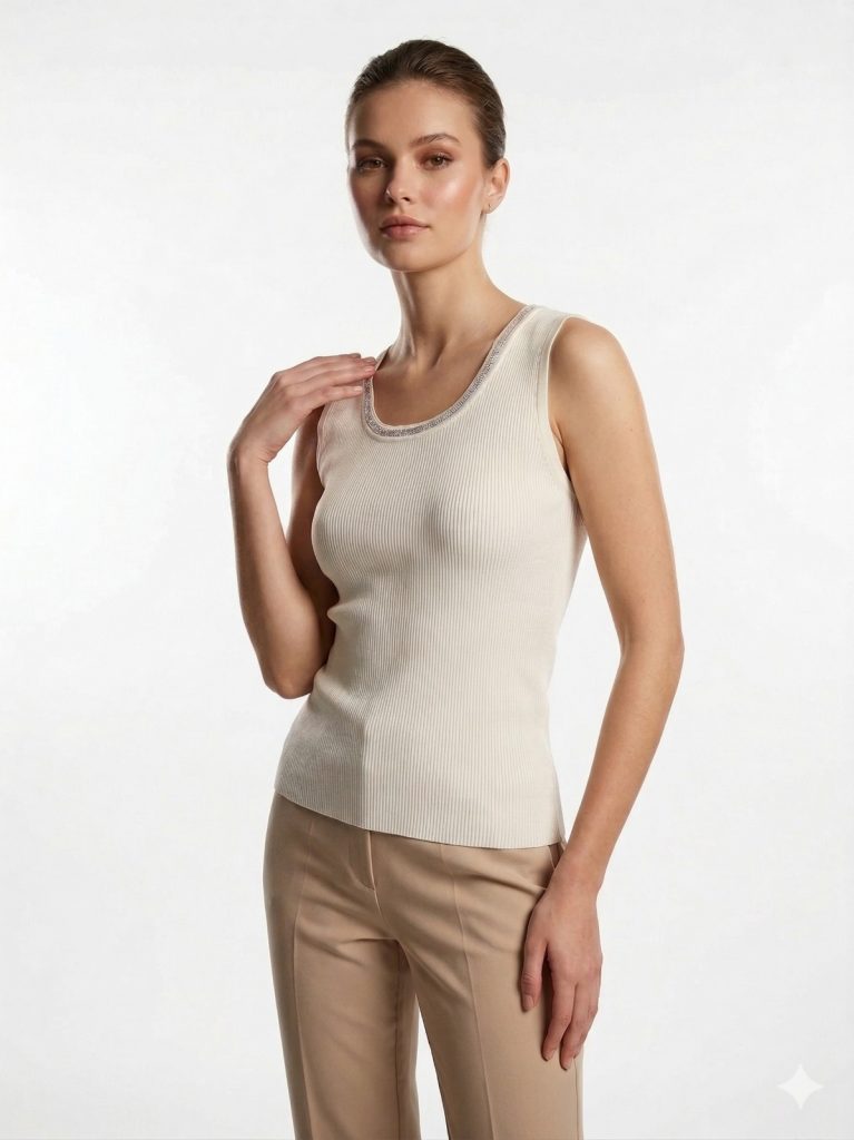 ON TRİKO Yakası Taş İşlemeli Sıfır Kol Bluz 70338 - EKRU