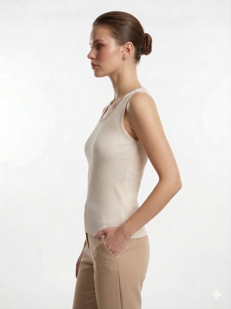 ON TRİKO Yakası Taş İşlemeli Sıfır Kol Bluz 70338 - EKRU