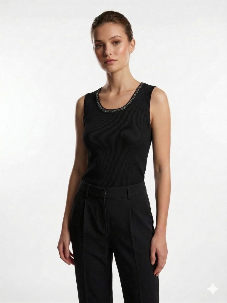 ON TRİKO Yakası Taş İşlemeli Sıfır Kol Bluz 70338 - Siyah