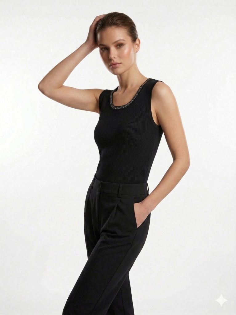 ON TRİKO Yakası Taş İşlemeli Sıfır Kol Bluz 70338 - Siyah