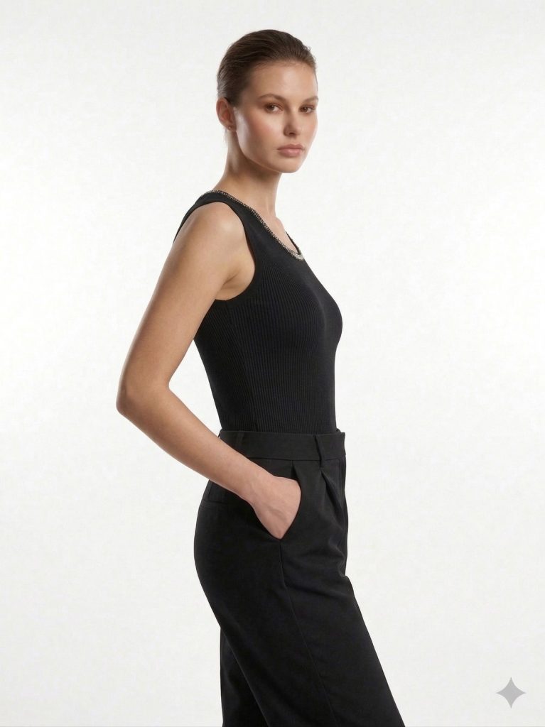 ON TRİKO Yakası Taş İşlemeli Sıfır Kol Bluz 70338 - Siyah