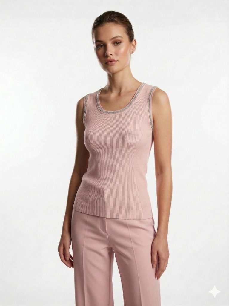 ON TRİKO Yakası Taş İşlemeli Sıfır Kol Bluz 70338 - PUDRA