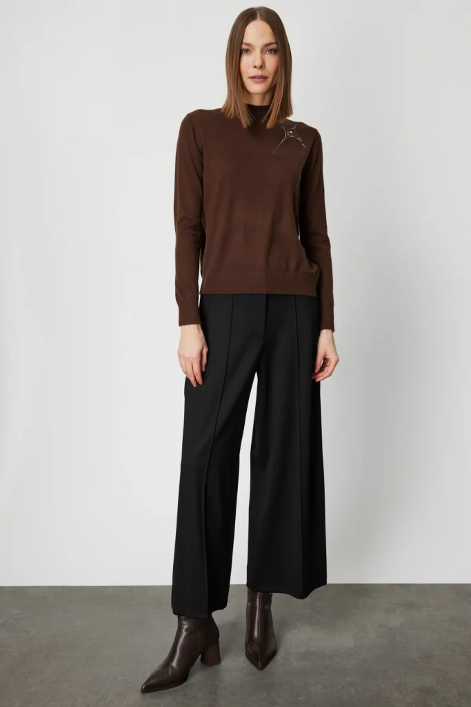 ON TRİKO Omzu Taş Detaylı Triko Kazak 60453 - kahve