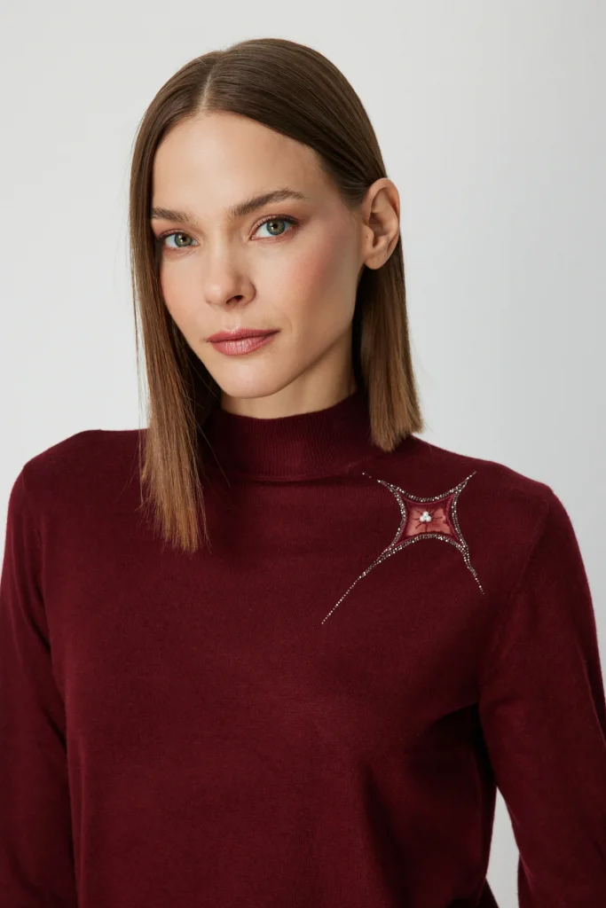 ON TRİKO Omzu Taş Detaylı Triko Kazak 60453 - bordo