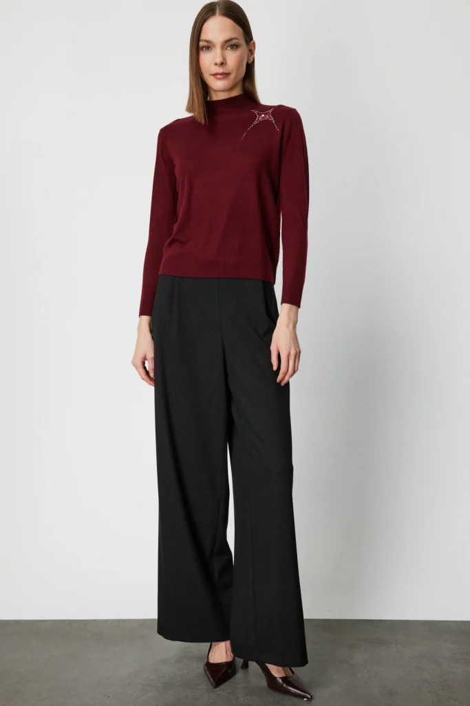 ON TRİKO Omzu Taş Detaylı Triko Kazak 60453 - bordo