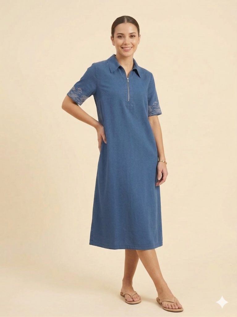 SEDNA Kolları İşlemeli Önü Fermuarlı Elbise 7811 - Lacivert