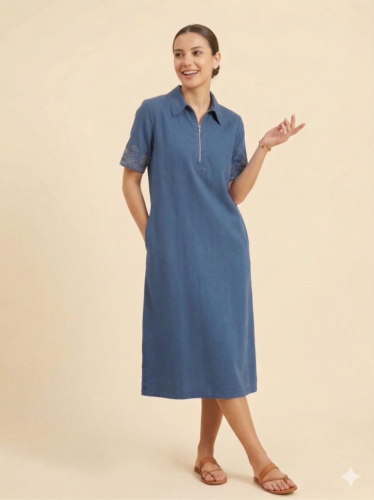 SEDNA Kolları İşlemeli Önü Fermuarlı Elbise 7811 - Lacivert