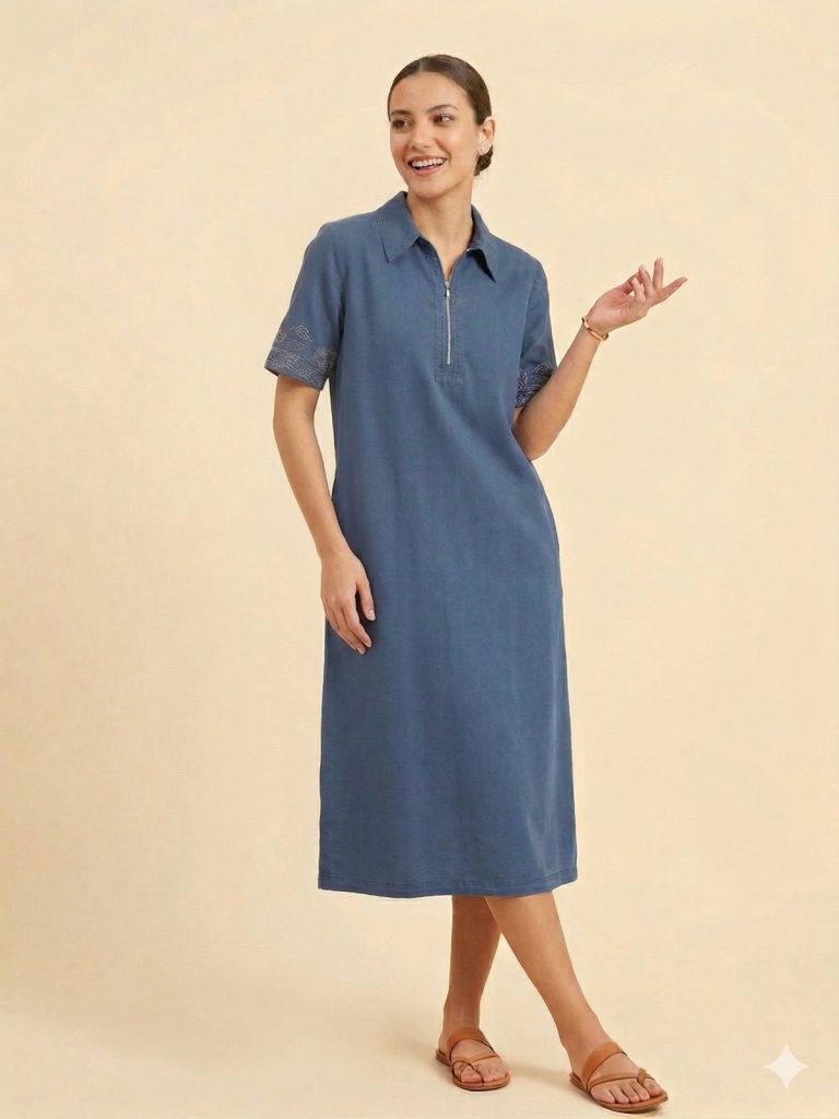 SEDNA Kolları İşlemeli Önü Fermuarlı Elbise 7811 - Lacivert