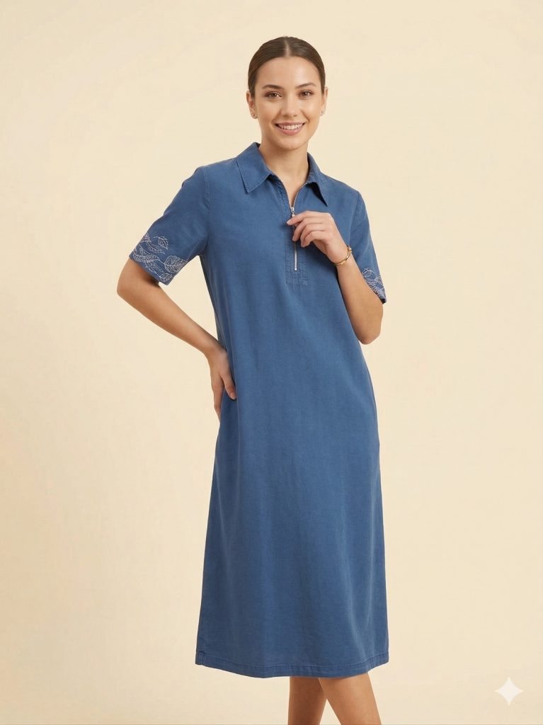 SEDNA Kolları İşlemeli Önü Fermuarlı Elbise 7811 - Lacivert