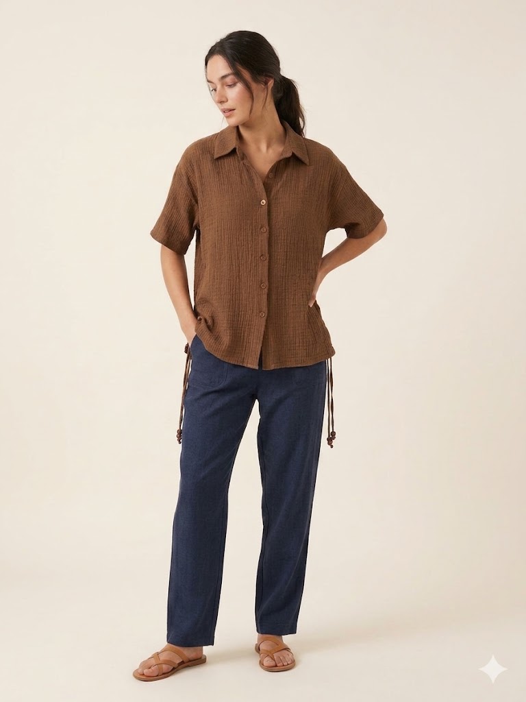 SEDNA Kısa Kollu Düğmeli Kadın Gömlek  7034 - kahve