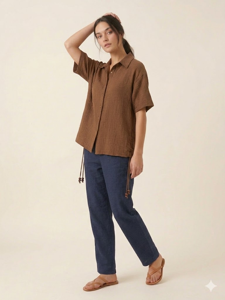 SEDNA Kısa Kollu Düğmeli Kadın Gömlek  7034 - kahve