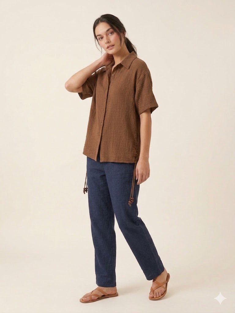 SEDNA Kısa Kollu Düğmeli Kadın Gömlek  7034 - kahve