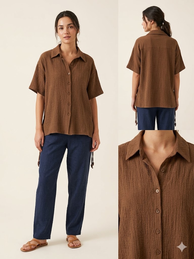 SEDNA Kısa Kollu Düğmeli Kadın Gömlek  7034 - kahve