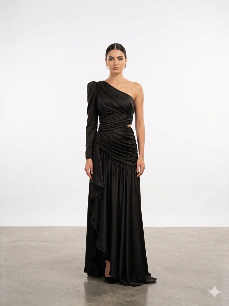 CENTİLMEN Tek Kol Pencere Detaylı Büzgülü Abiye 8102