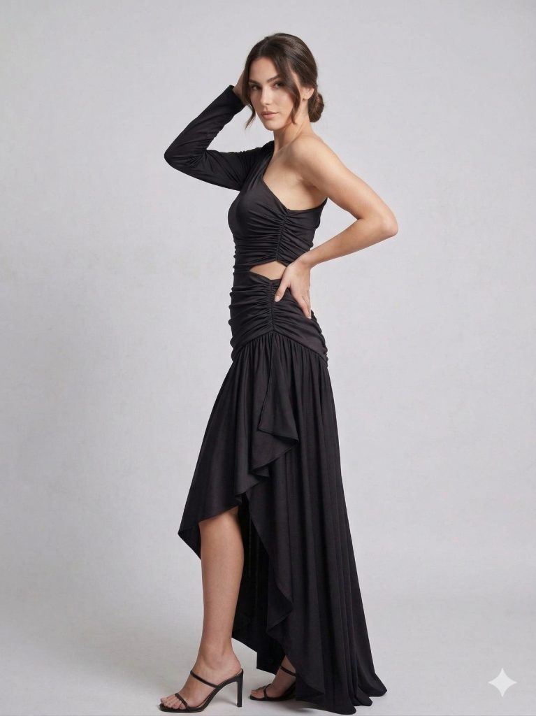 CENTİLMEN Tek Kol Pencere Detaylı Büzgülü Abiye 8102 - Siyah