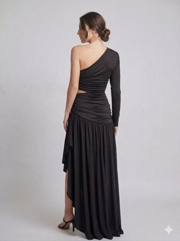 CENTİLMEN Tek Kol Pencere Detaylı Büzgülü Abiye 8102 - Siyah