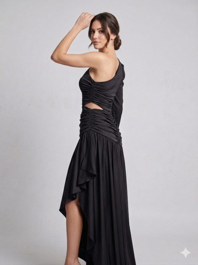 CENTİLMEN Tek Kol Pencere Detaylı Büzgülü Abiye 8102 - Siyah