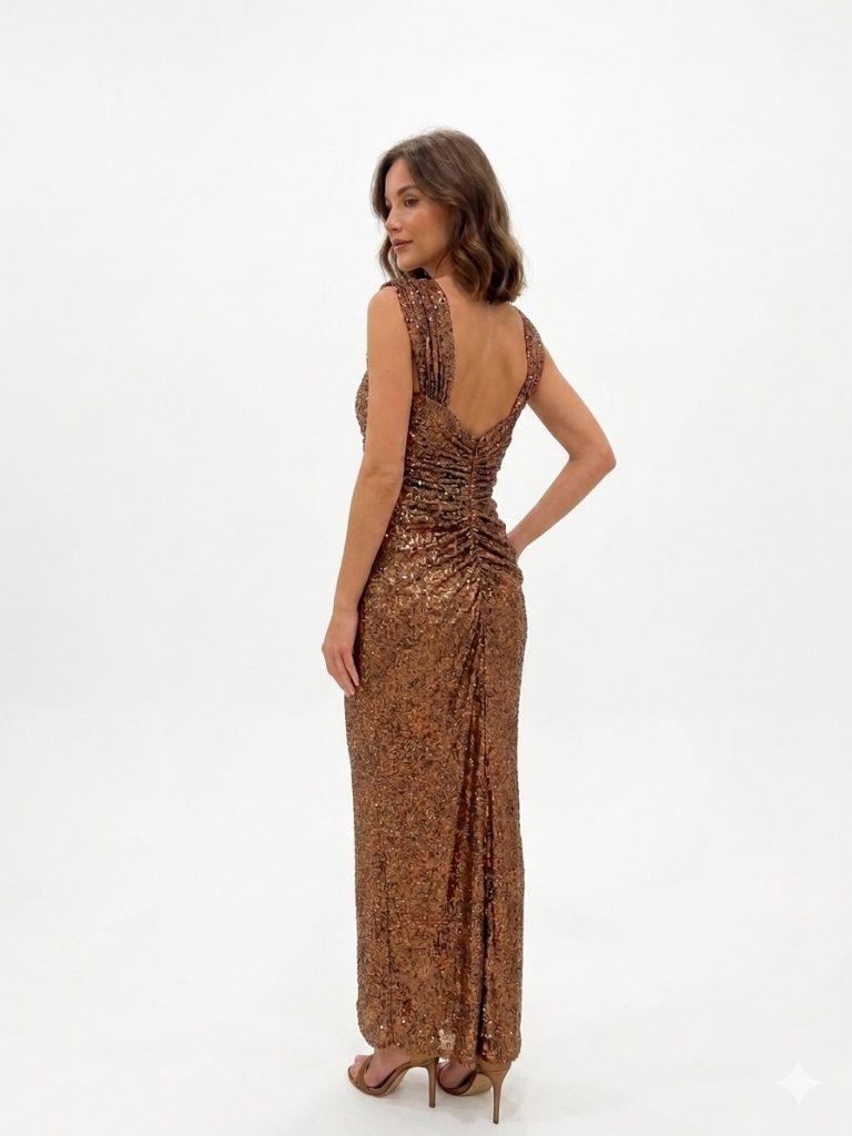 ŞEREF VURAL Tamamı İşlemeli Abiye Elbise 8393 - VİZON