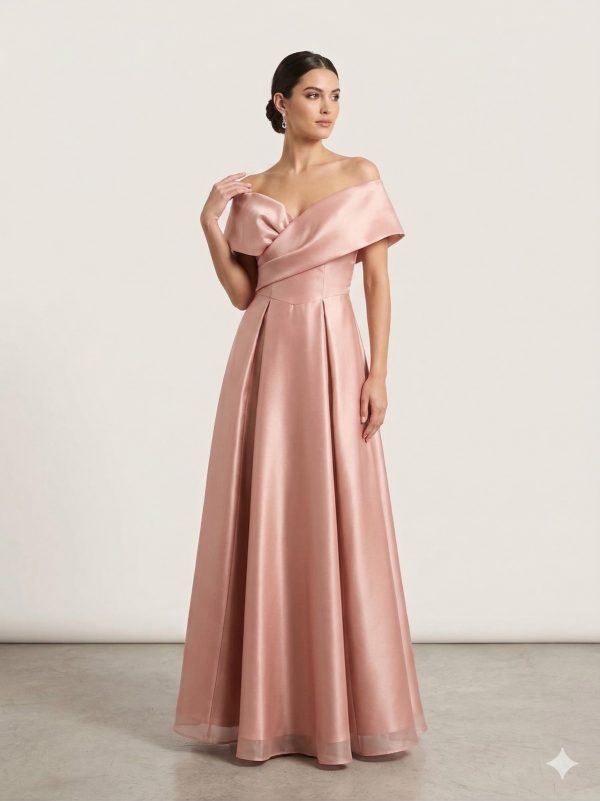ŞEREF VURAL "Kadın Pudra Düşük Omuz Kruvaze Detaylı Saten Abiye Elbise" 8415