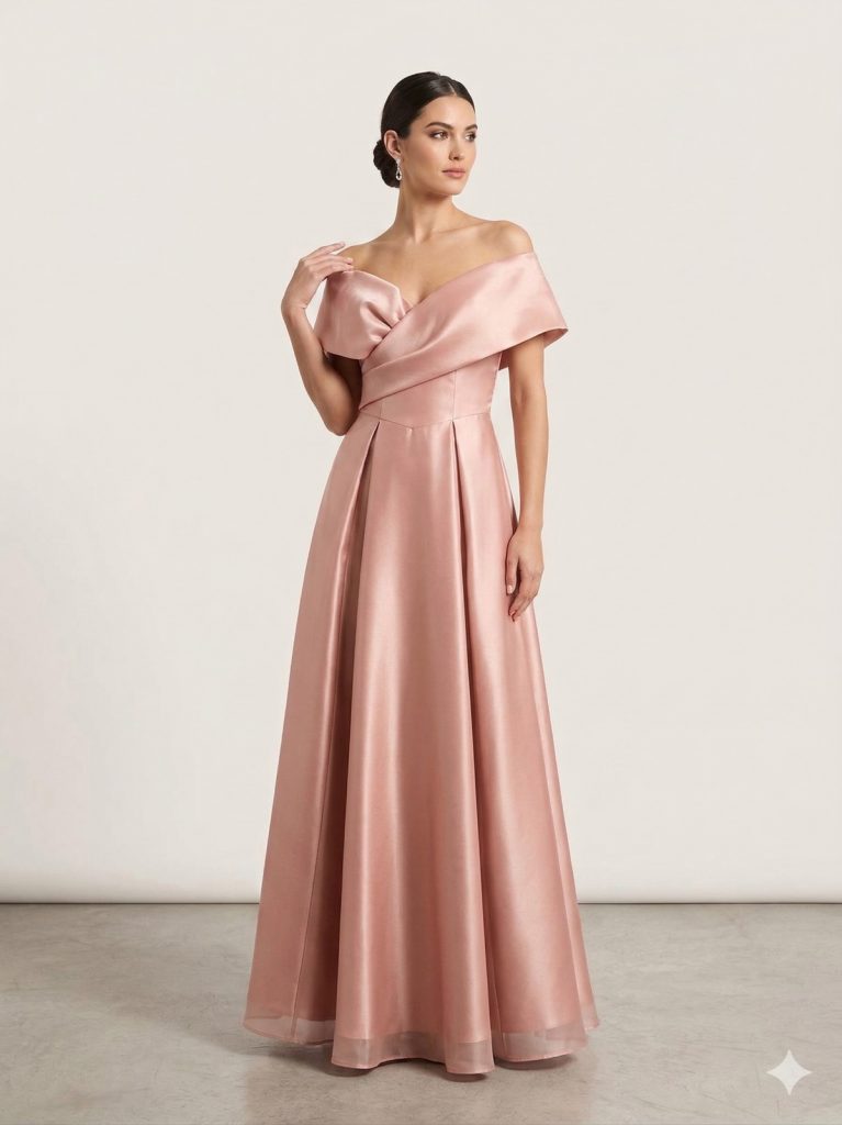 ŞEREF VURAL "Kadın Pudra Düşük Omuz Kruvaze Detaylı Saten Abiye Elbise" 8415 - PUDRA