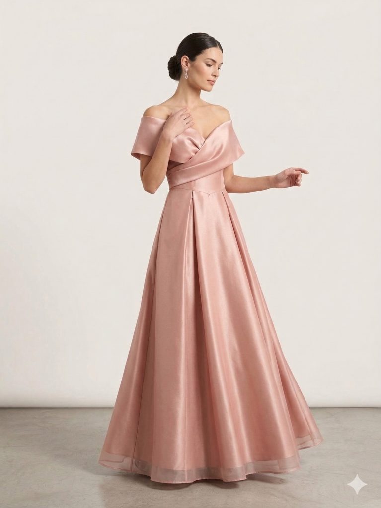 ŞEREF VURAL "Kadın Pudra Düşük Omuz Kruvaze Detaylı Saten Abiye Elbise" 8415