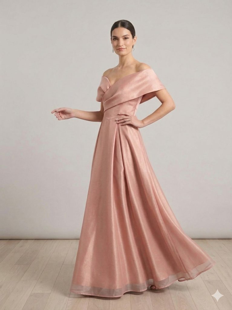 ŞEREF VURAL "Kadın Pudra Düşük Omuz Kruvaze Detaylı Saten Abiye Elbise" 8415 - PUDRA