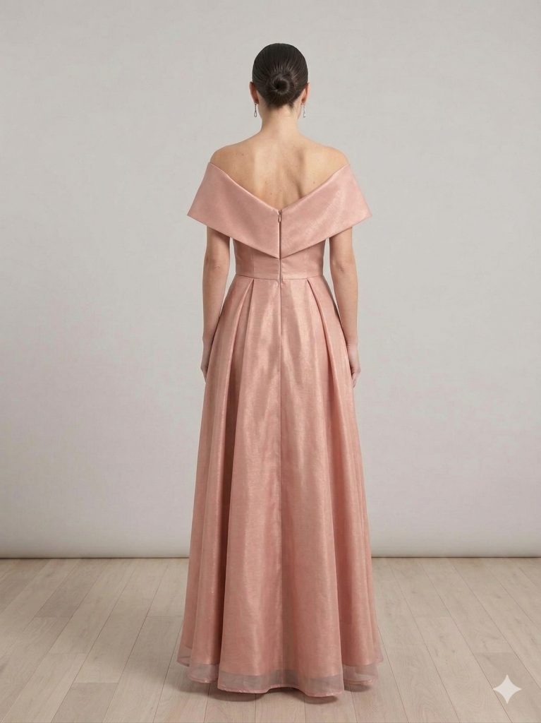 ŞEREF VURAL "Kadın Pudra Düşük Omuz Kruvaze Detaylı Saten Abiye Elbise" 8415 - PUDRA