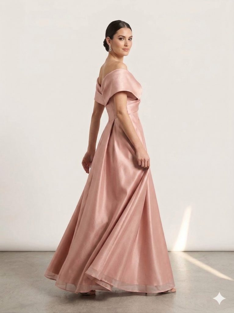 ŞEREF VURAL "Kadın Pudra Düşük Omuz Kruvaze Detaylı Saten Abiye Elbise" 8415 - PUDRA