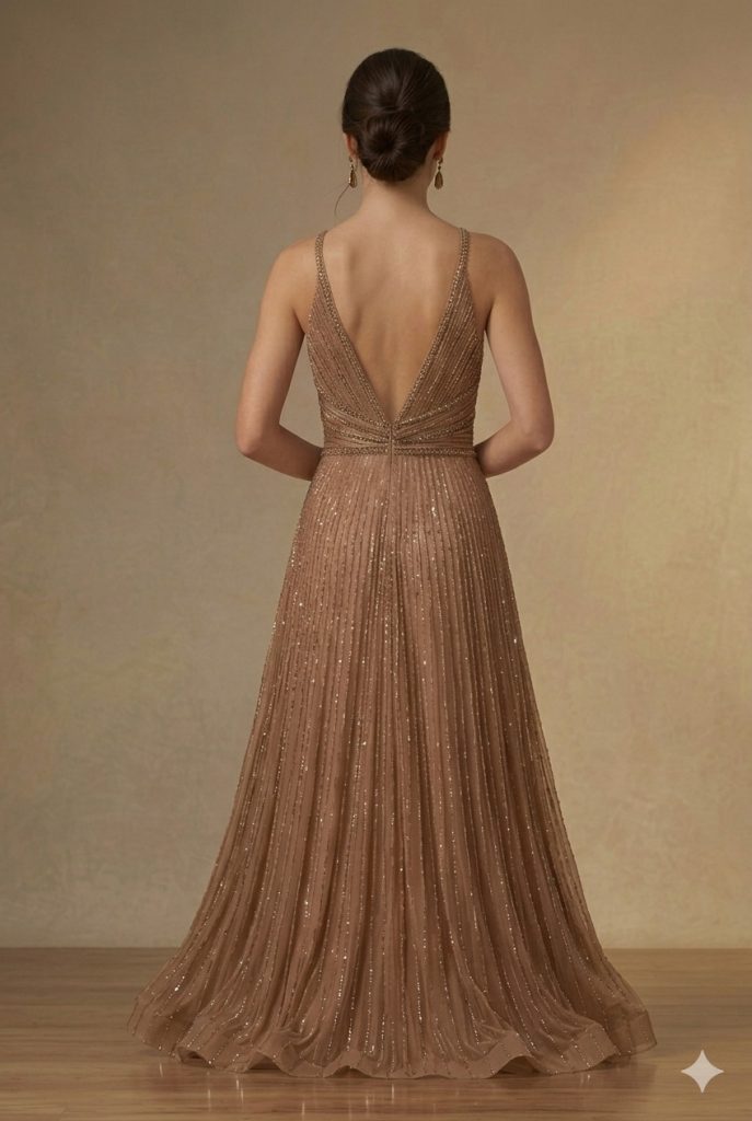 Centilmen Sırt Dekolte Taş İşlemeli Abiye Elbise  1048 - BAKIR