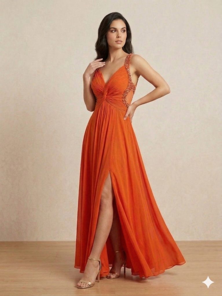 CENTİLMEN Büzgü Detaylı Askılı Turuncu Şifon Abiye Elbise  2016 - oranj