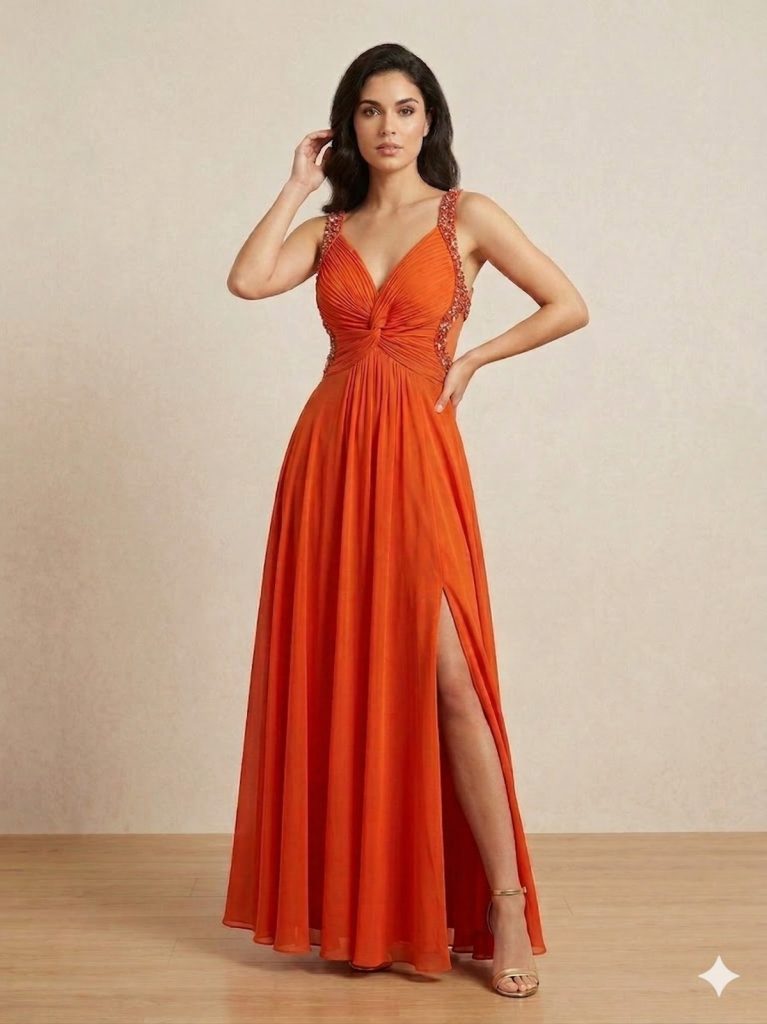 CENTİLMEN Büzgü Detaylı Askılı Turuncu Şifon Abiye Elbise  2016 - oranj