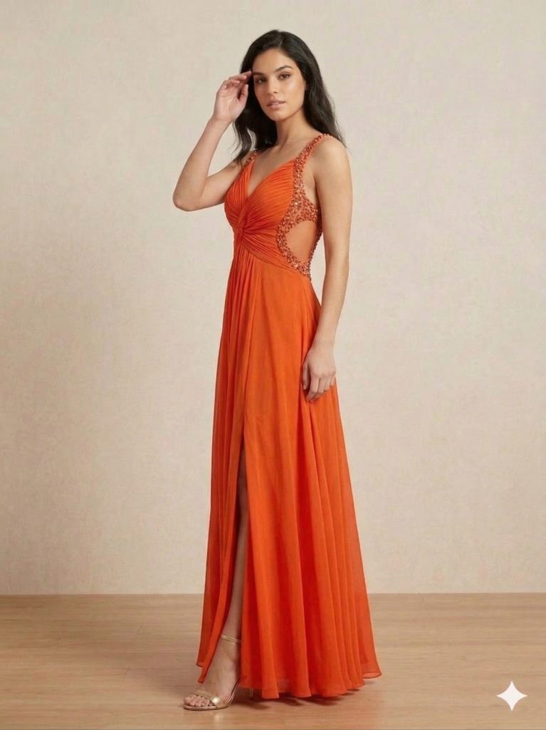 CENTİLMEN Büzgü Detaylı Askılı Turuncu Şifon Abiye Elbise  2016 - oranj