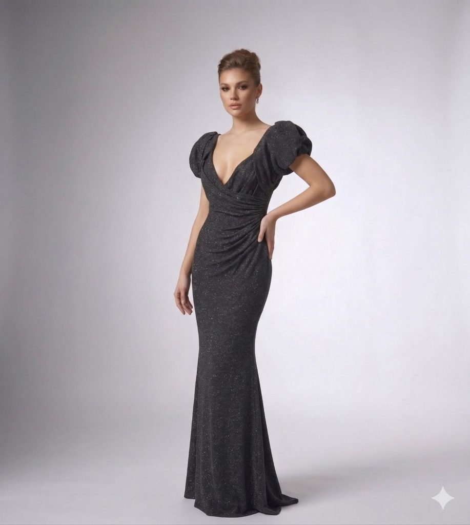 CENTİLMEN Sırtı Tül ve Nakış Detaylı Siyah Simli Abiye Elbise  2017