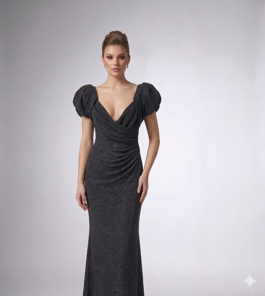 CENTİLMEN Sırtı Tül ve Nakış Detaylı Siyah Simli Abiye Elbise  2017 - Siyah