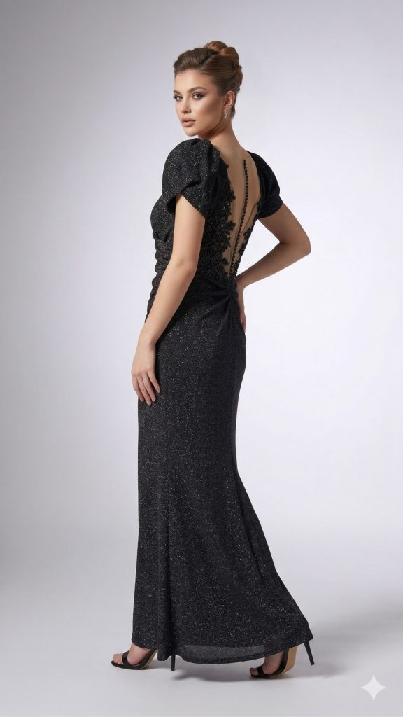 CENTİLMEN Sırtı Tül ve Nakış Detaylı Siyah Simli Abiye Elbise  2017 - Siyah