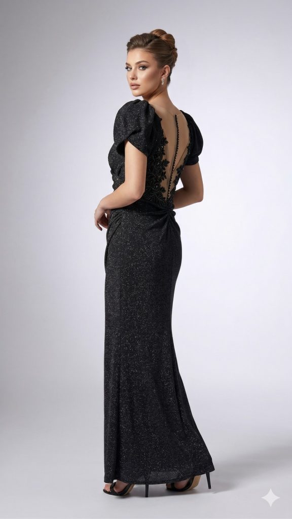 CENTİLMEN Sırtı Tül ve Nakış Detaylı Siyah Simli Abiye Elbise  2017 - Siyah