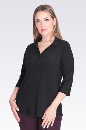 TOLGA SARAÇOĞLU Polo Yaka Truvakar Kol Örme Bluz 10692 - Siyah