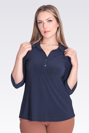 TOLGA SARAÇOĞLU Polo Yaka Truvakar Kol Örme Bluz 10692 - Lacivert