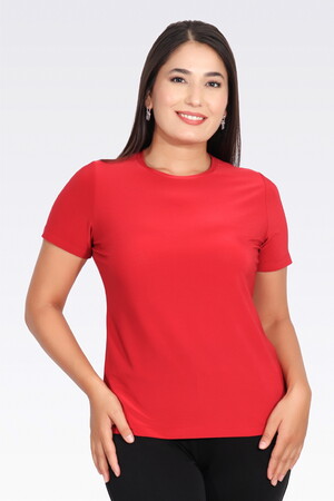 TOLGA SARAÇOĞLU Bisiklet Yaka Kısa Kol Şık Kumaş Örme Bluz 10693 - KIRMIZI