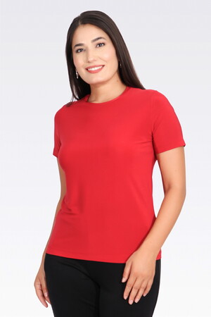 TOLGA SARAÇOĞLU Bisiklet Yaka Kısa Kol Şık Kumaş Örme Bluz 10693 - KIRMIZI