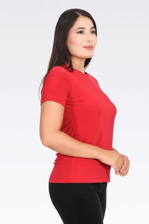 TOLGA SARAÇOĞLU Bisiklet Yaka Kısa Kol Şık Kumaş Örme Bluz 10693 - KIRMIZI