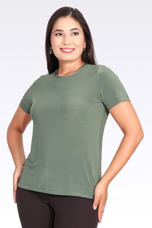 TOLGA SARAÇOĞLU Bisiklet Yaka Kısa Kol Şık Kumaş Örme Bluz 10693 - YEŞİL