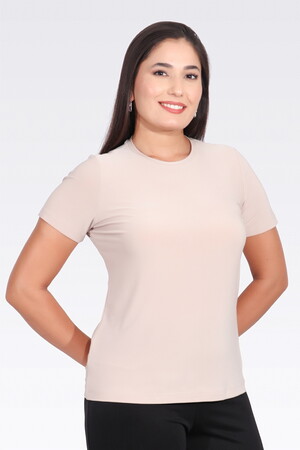 TOLGA SARAÇOĞLU Bisiklet Yaka Kısa Kol Şık Kumaş Örme Bluz 10693 - BEJ